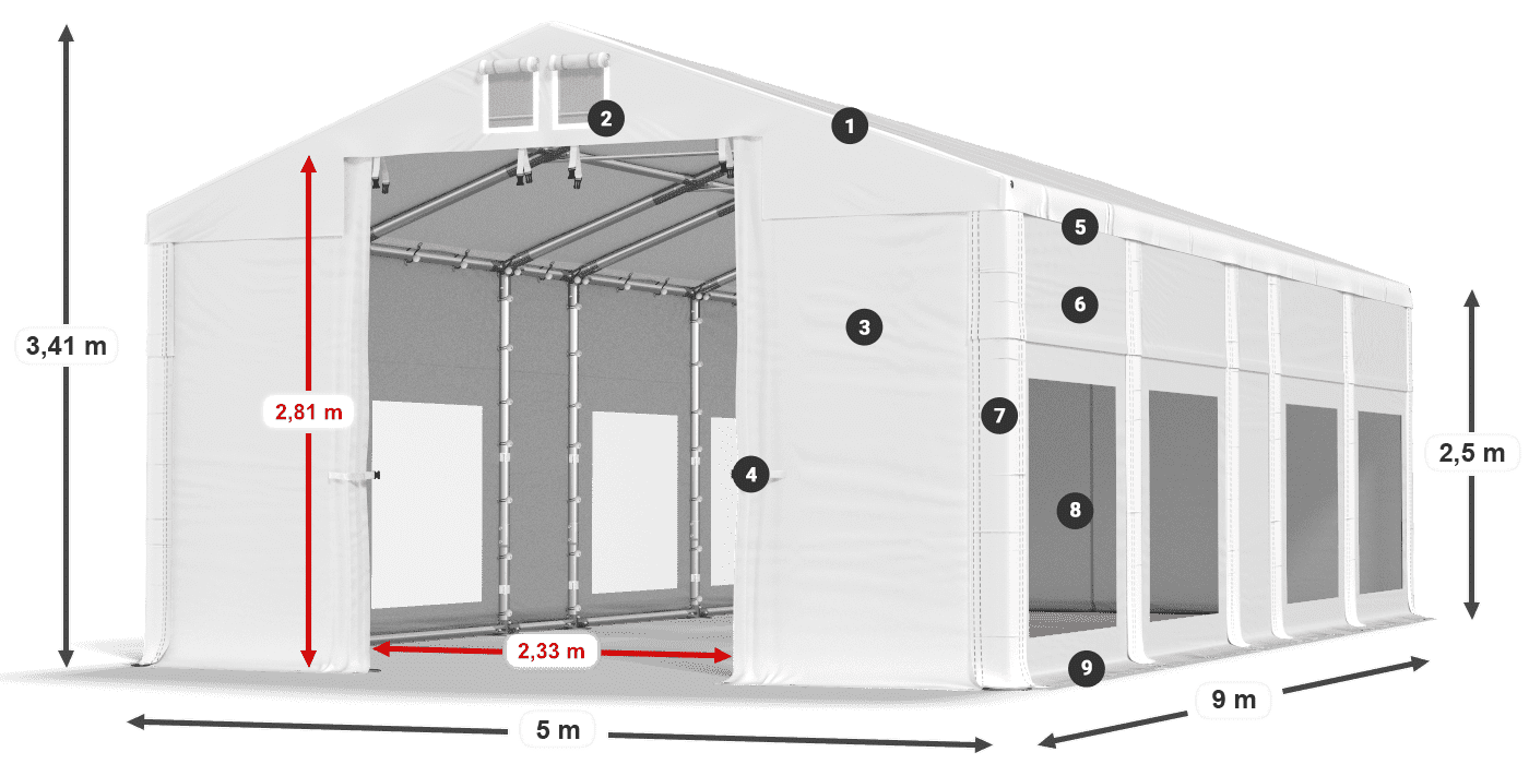Tető: MS 580 PVC Falak: MS 580 PVC 2,5 m jelmagyarázat