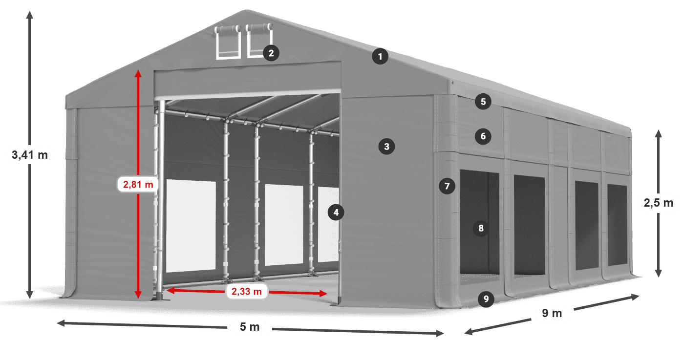 Tető: MS 580 PVC Falak: MS 580 PVC 2,5 m jelmagyarázat