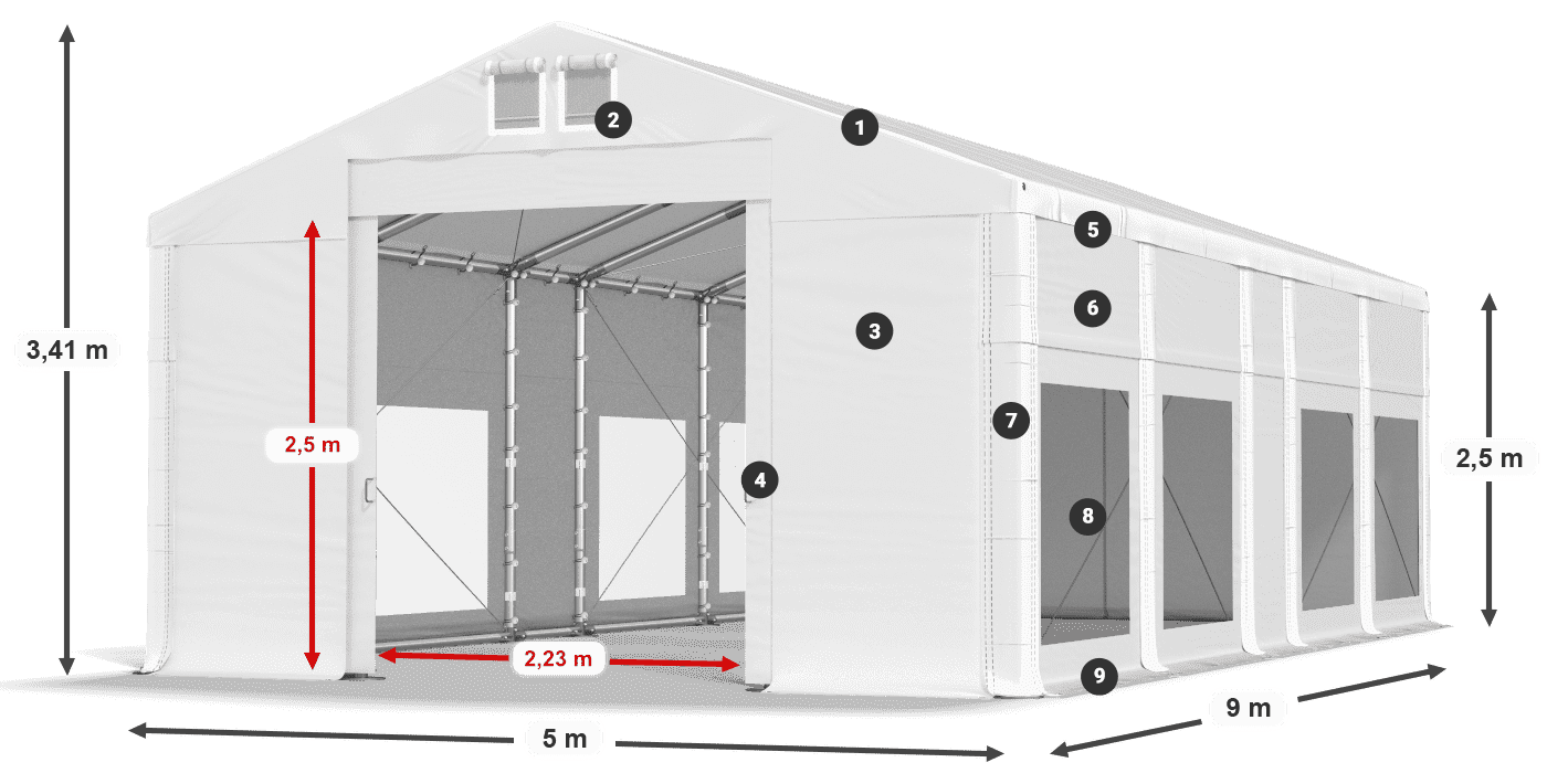 Tető: MS 580 PVC Falak: MS 580 PVC 2,5 m jelmagyarázat