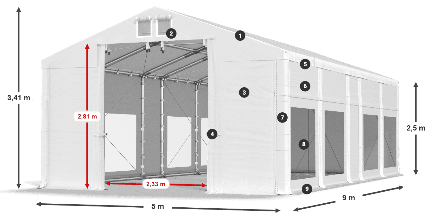 Tető: MS 580 PVC Falak: MS 580 PVC 2,5 m jelmagyarázat