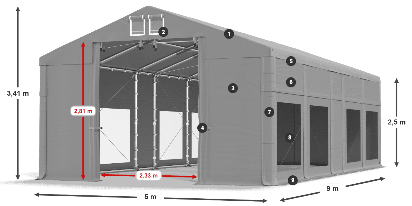 Tető: MS 580 PVC Falak: MS 580 PVC 2,5 m jelmagyarázat