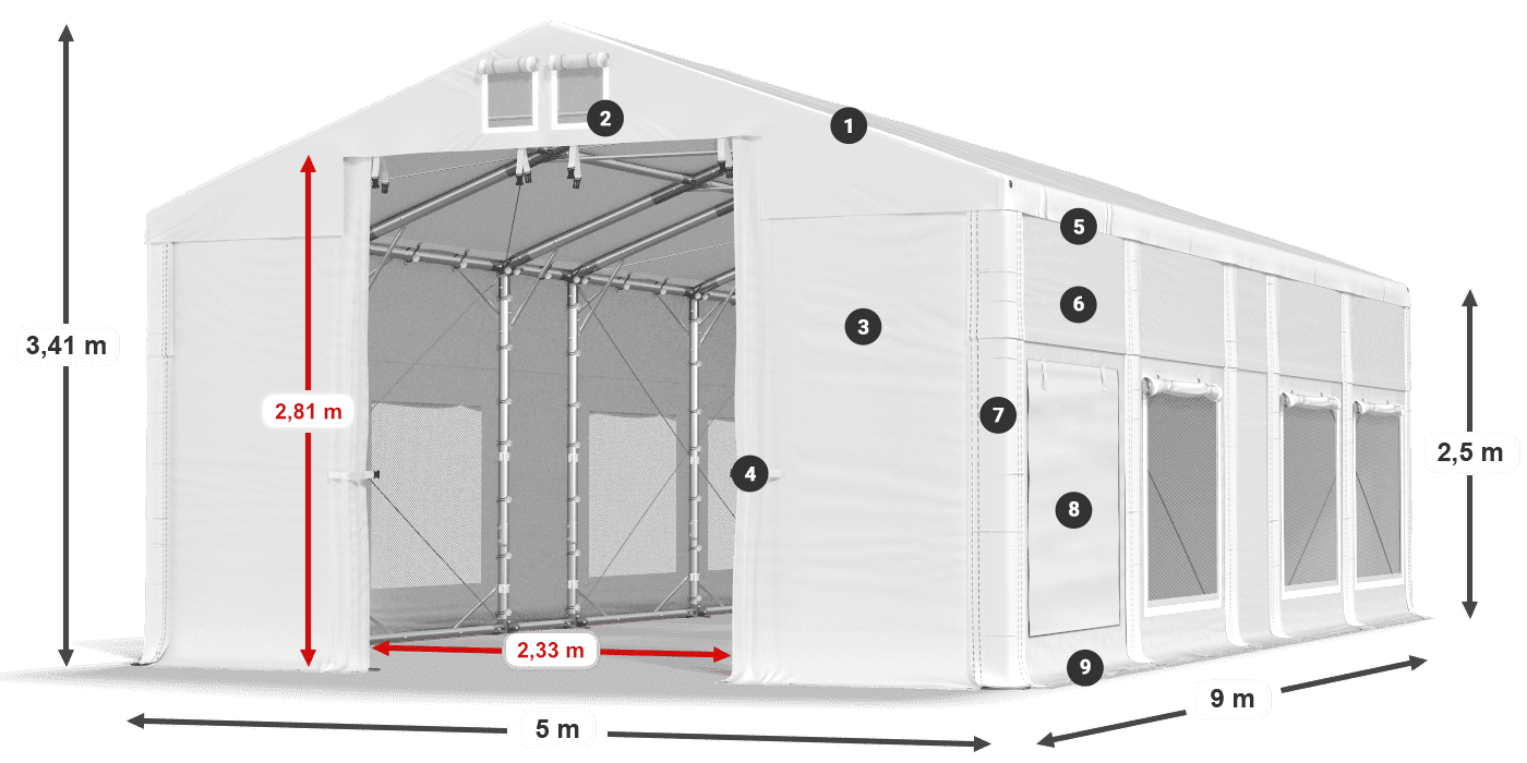 Tető: MS 580 PVC Falak: SD M 500 PVC 2,5 m jelmagyarázat