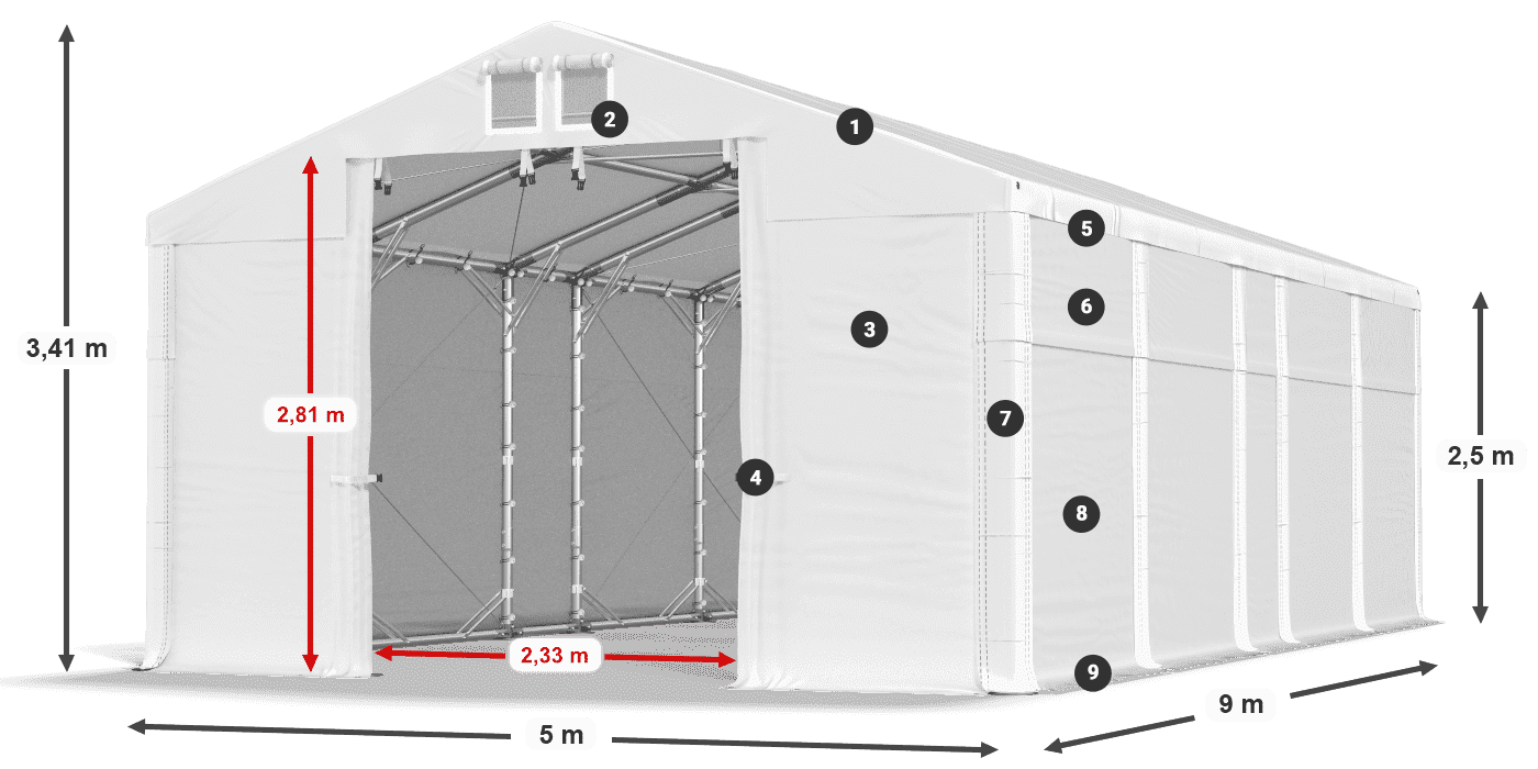 Tető: MS 580 PVC Falak: SD 500 PVC 2,5 m jelmagyarázat