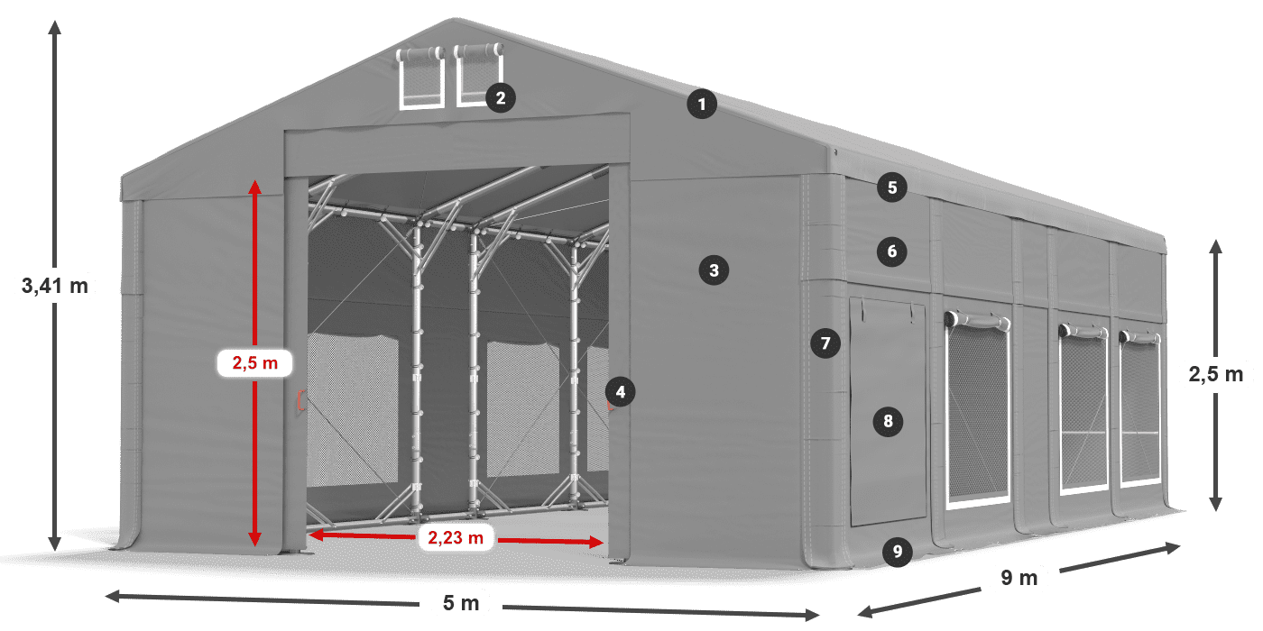 Tető: MS 580 PVC Falak: SD M 500 PVC 2,5 m jelmagyarázat