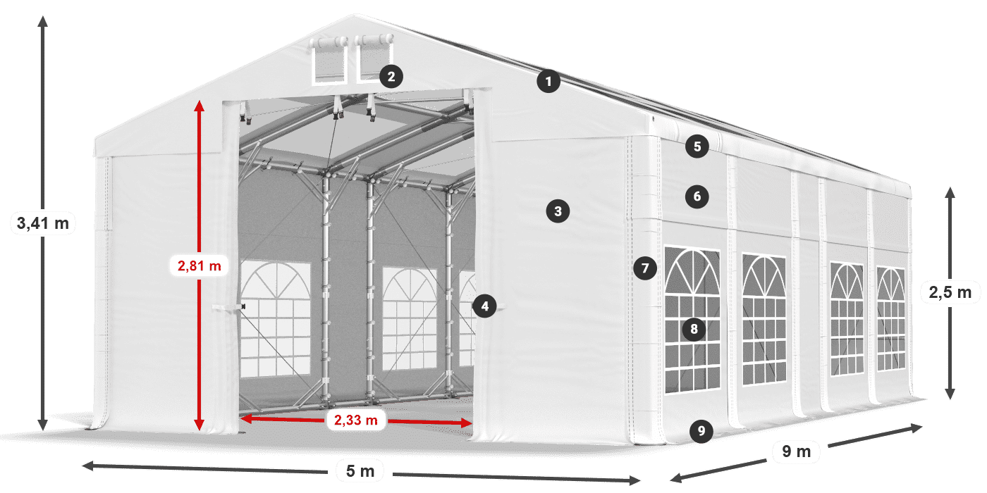 Tető: MS 580 PVC Falak: SD 500 PVC 2,5 m jelmagyarázat