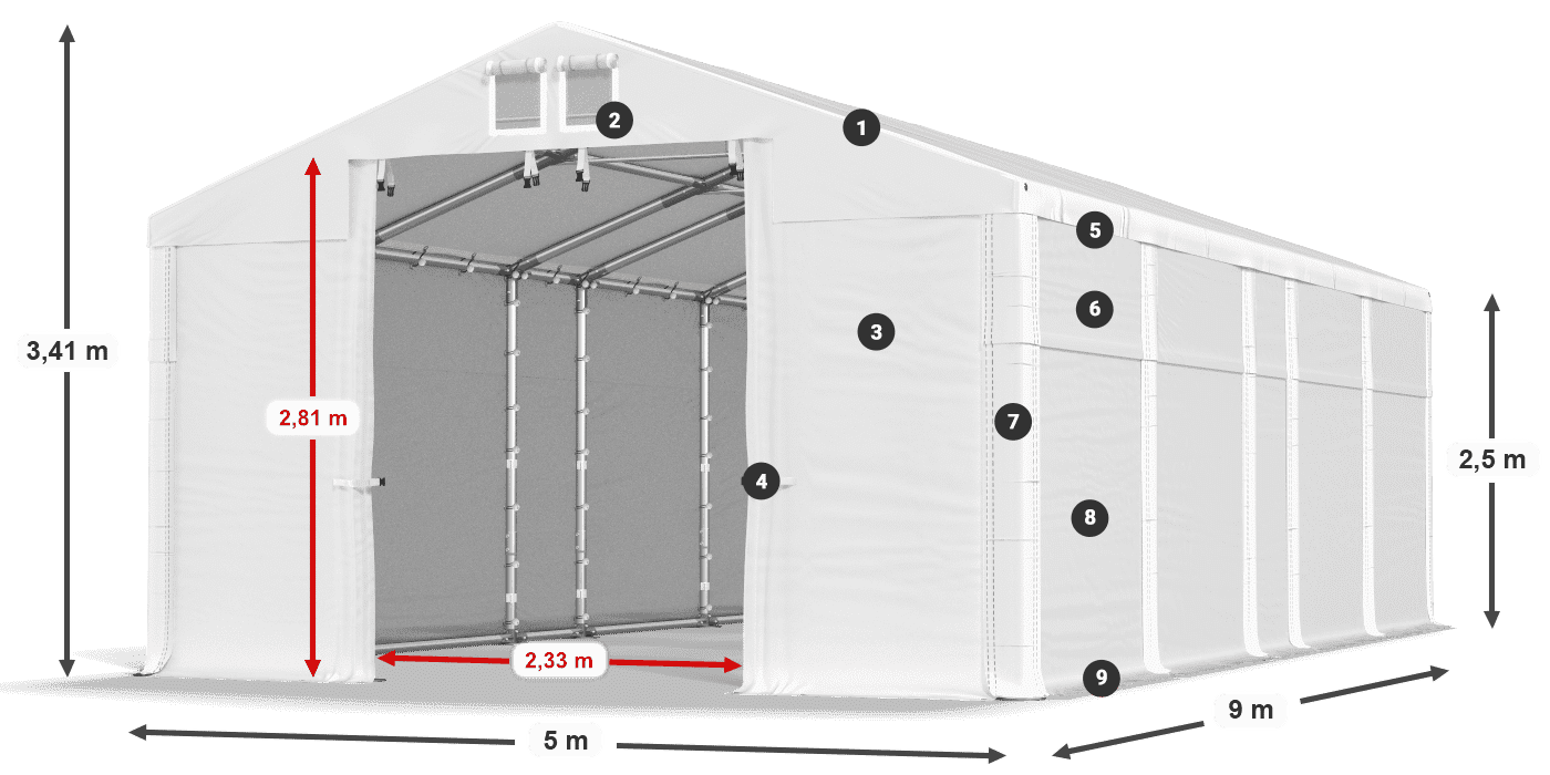 Tető: MS 580 PVC Falak: SD 500 PVC 2,5 m jelmagyarázat