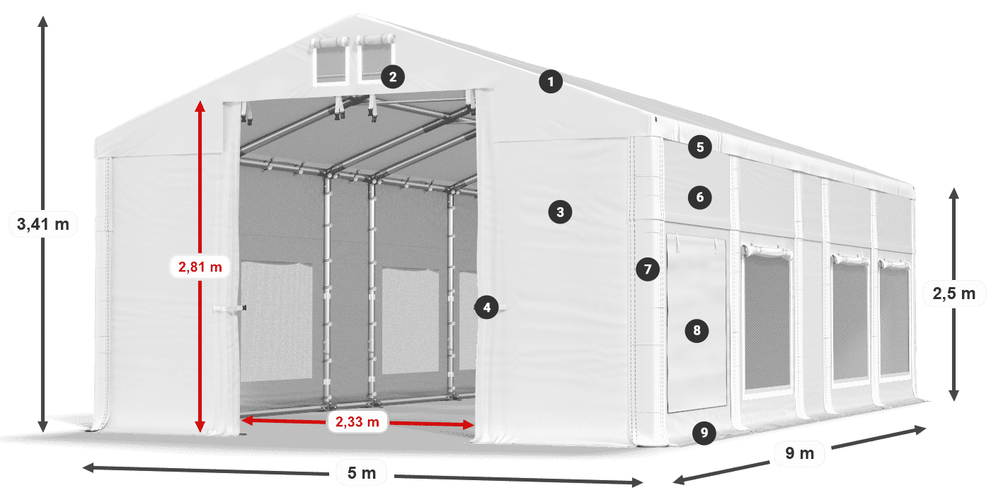 Tető: MS 580 PVC Falak: SD M 500 PVC 2,5 m jelmagyarázat
