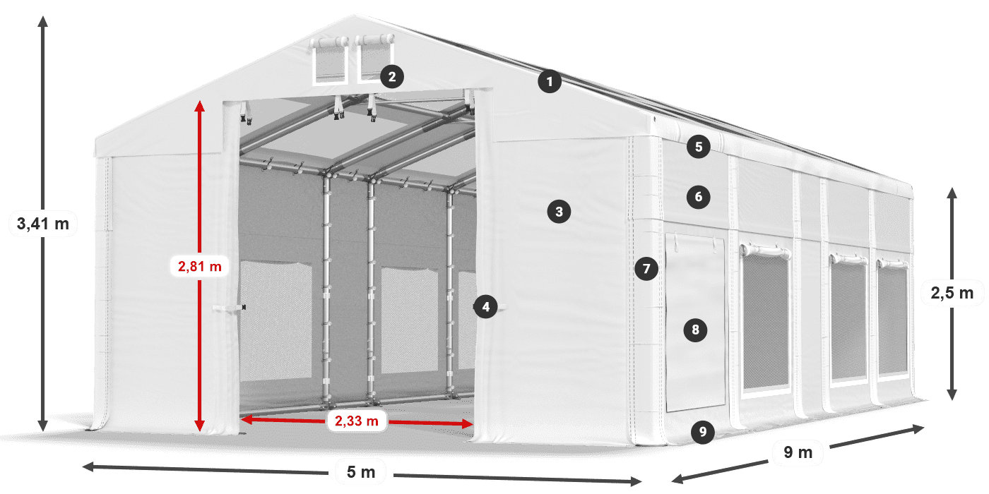 Tető: MS T 580 PVC Falak: SD M 500 PVC 2,5 m jelmagyarázat