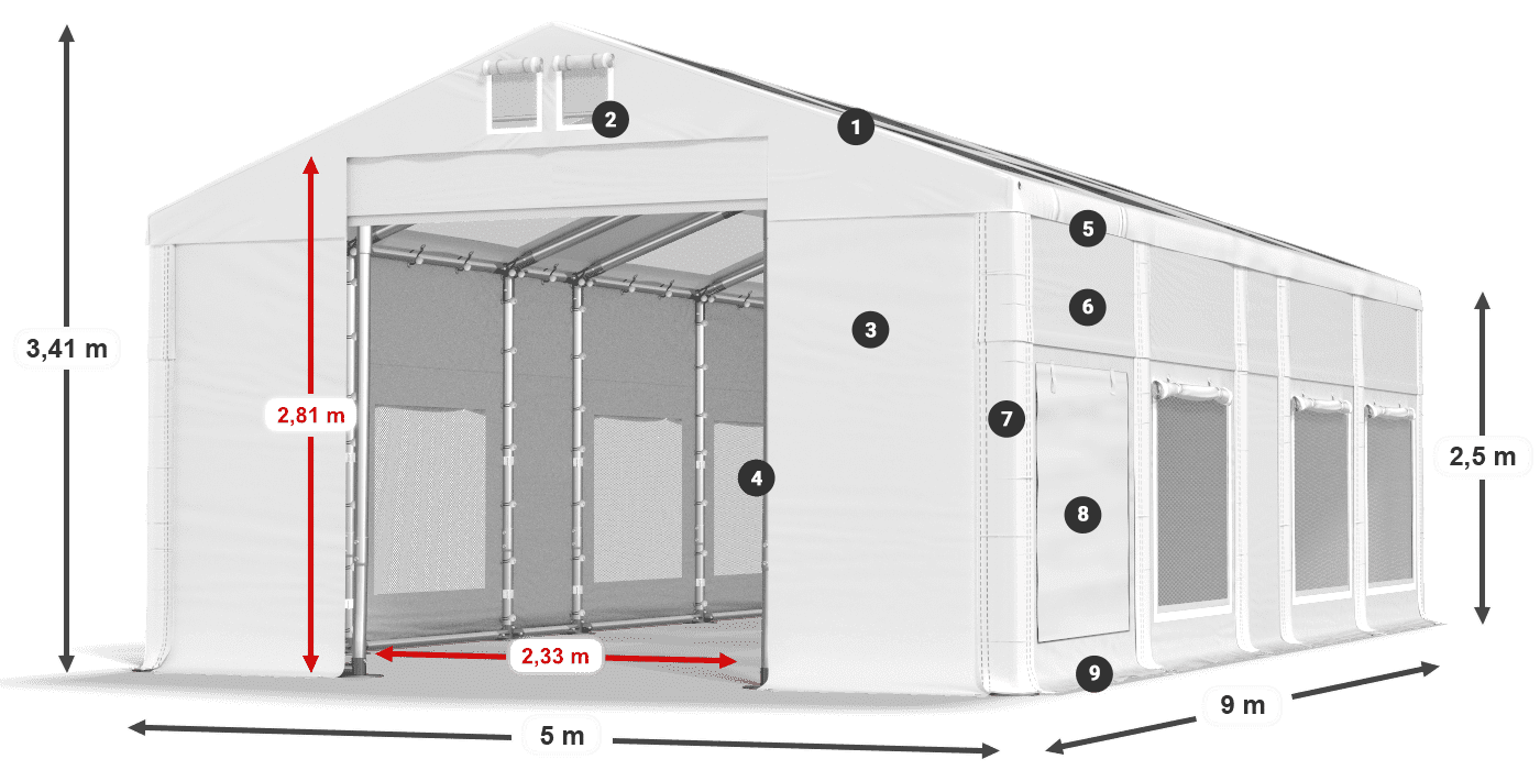 Tető: MS T 580 PVC Falak: SD M 500 PVC 2,5 m jelmagyarázat