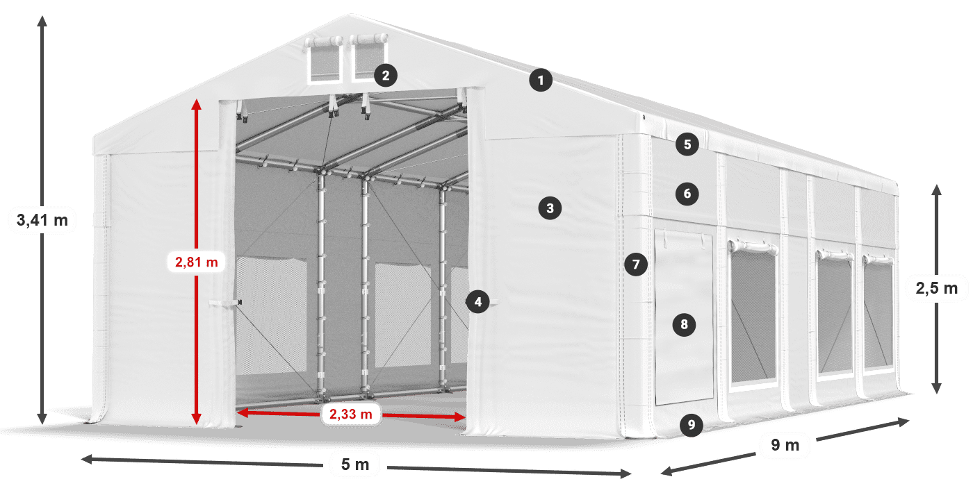 Tető: MS 580 PVC Falak: SD M 500 PVC 2,5 m jelmagyarázat