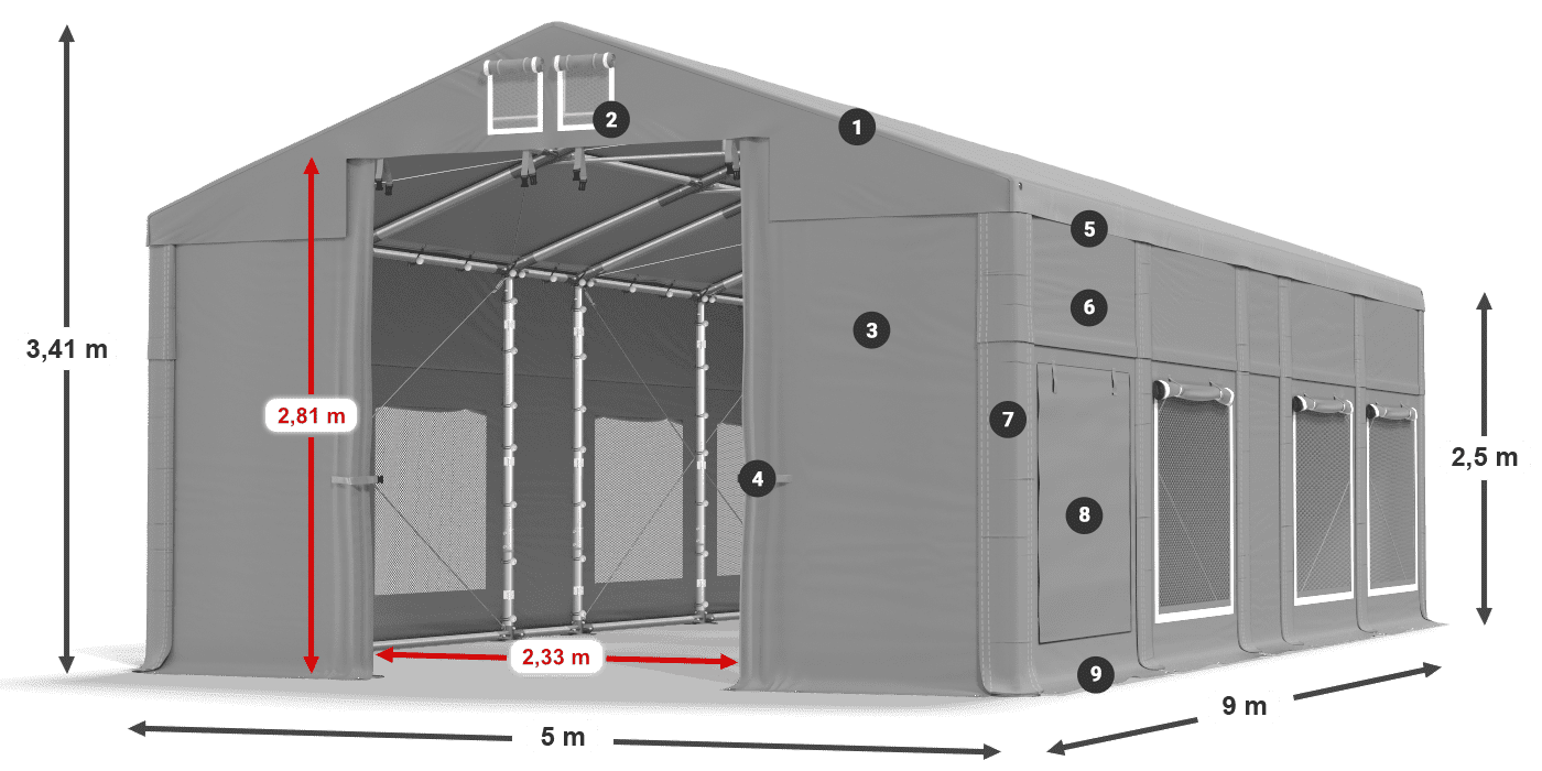 Tető: MS 580 PVC Falak: SD M 500 PVC 2,5 m jelmagyarázat