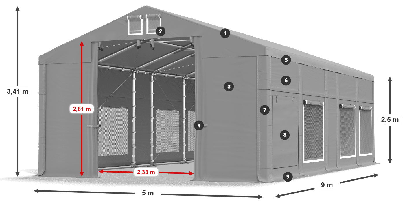 Tető: MS 580 PVC Falak: SD M 500 PVC 2,5 m jelmagyarázat