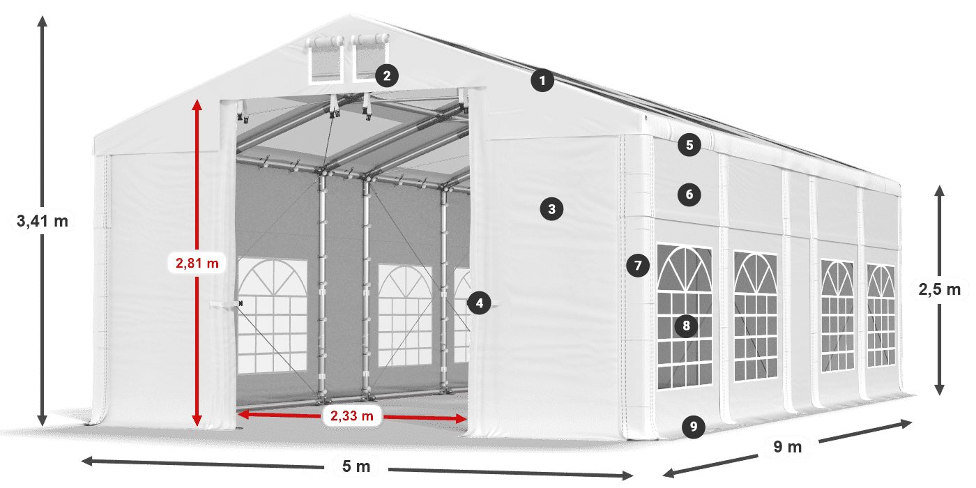 Tető: MS 580 PVC Falak: SD 500 PVC 2,5 m jelmagyarázat