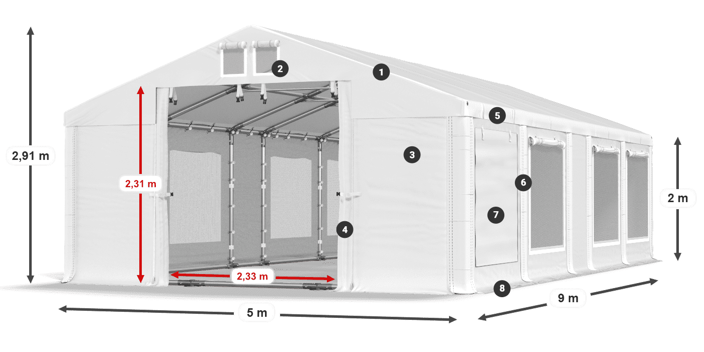 Tető: FR 620 PVC Falak: SD 500 PVC 2 m jelmagyarázat