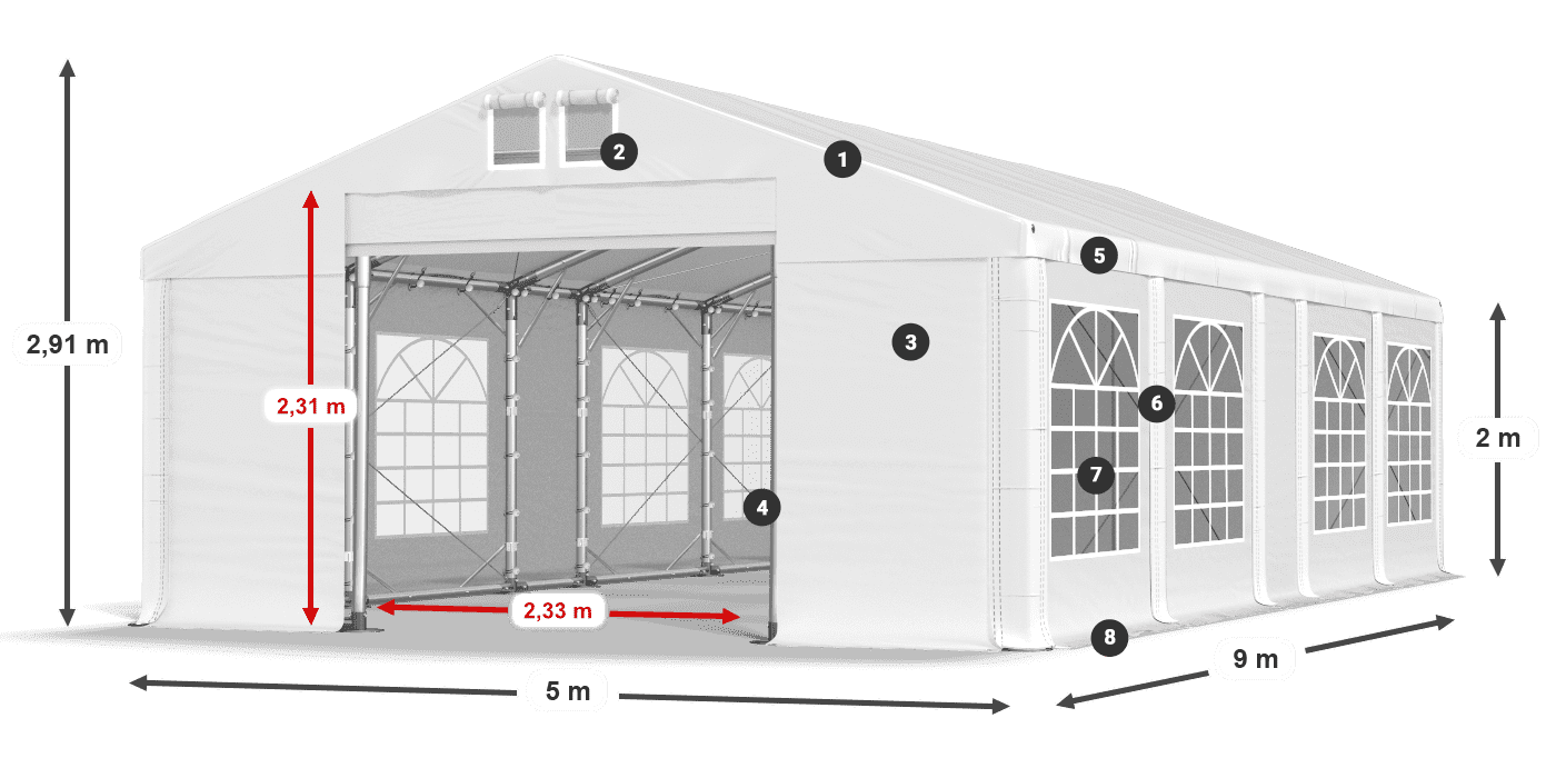 Tető: MS 580 PVC Falak: FR 620 PVC 2 m jelmagyarázat