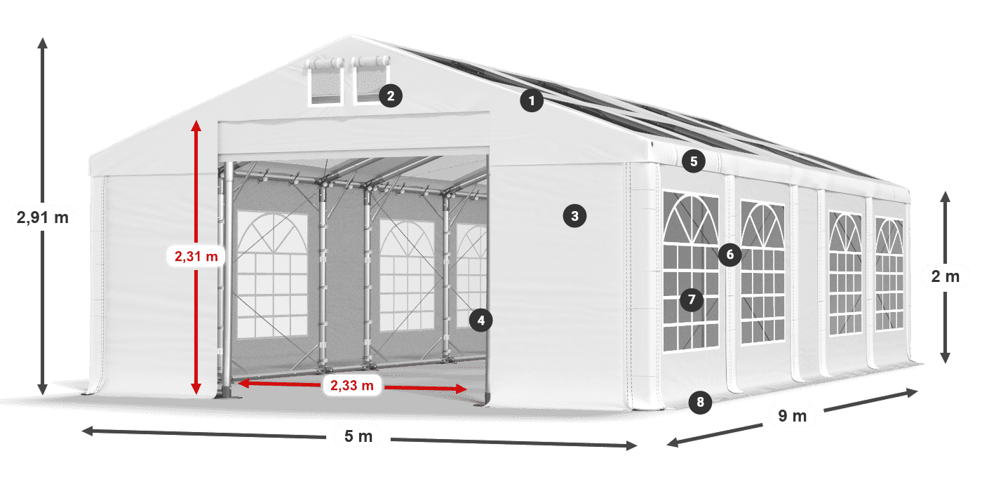 Tető: MS T 580 PVC Falak: FR 620 PVC 2 m jelmagyarázat