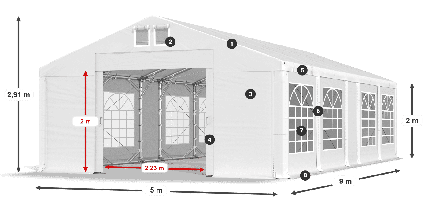 Tető: MS 580 PVC Falak: FR 620 PVC 2 m jelmagyarázat