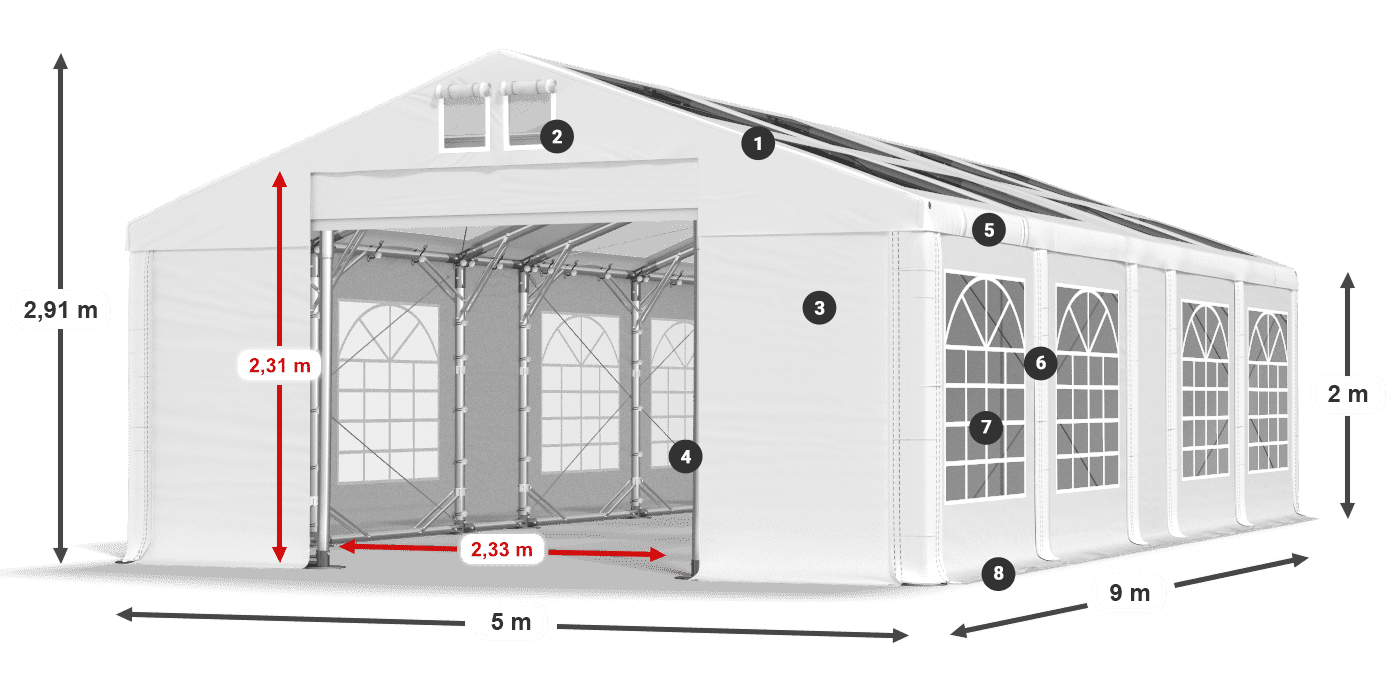 Tető: MS T 580 PVC Falak: FR 620 PVC 2 m jelmagyarázat