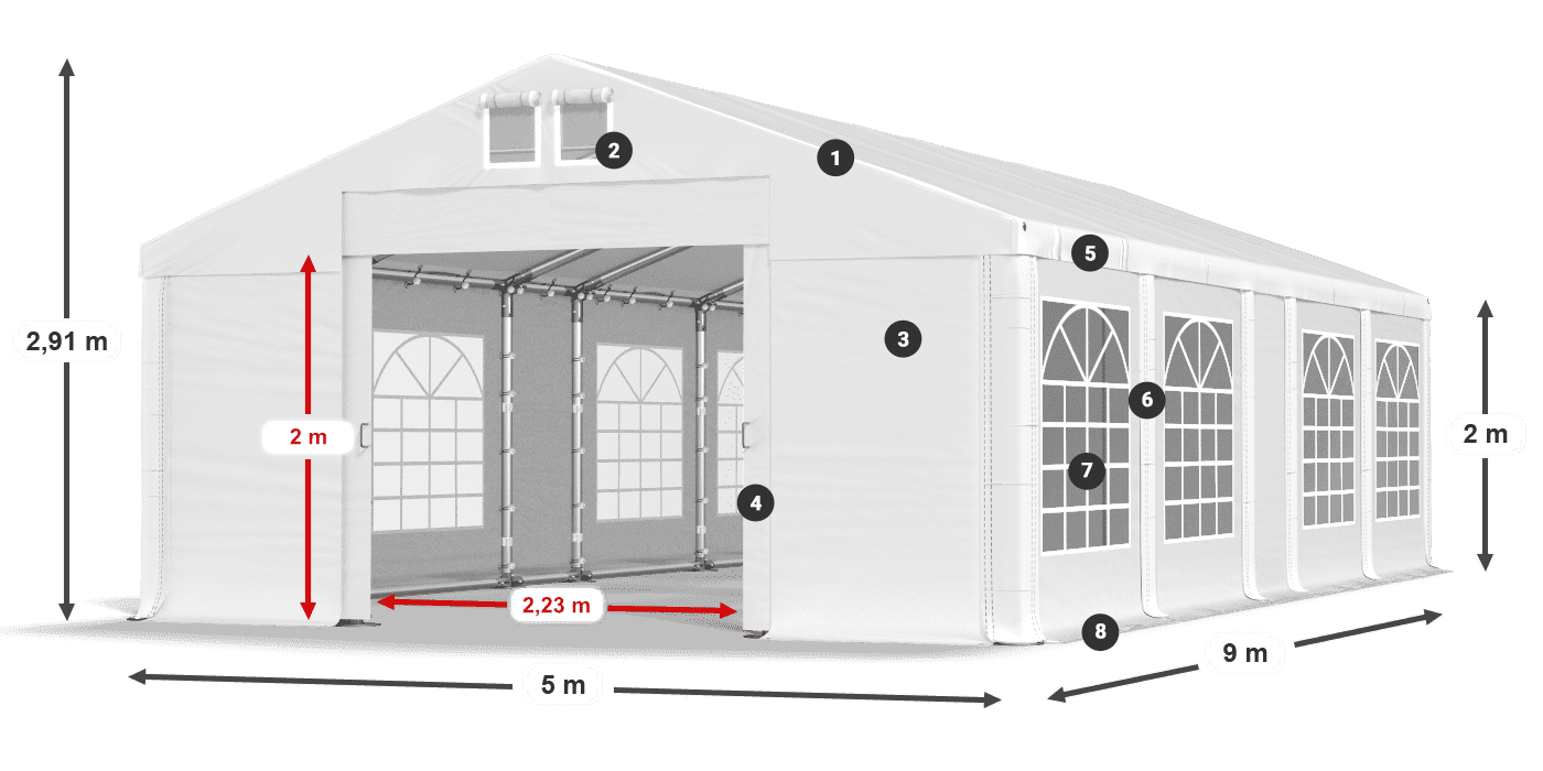 Tető: MS 580 PVC Falak: FR 620 PVC 2 m jelmagyarázat