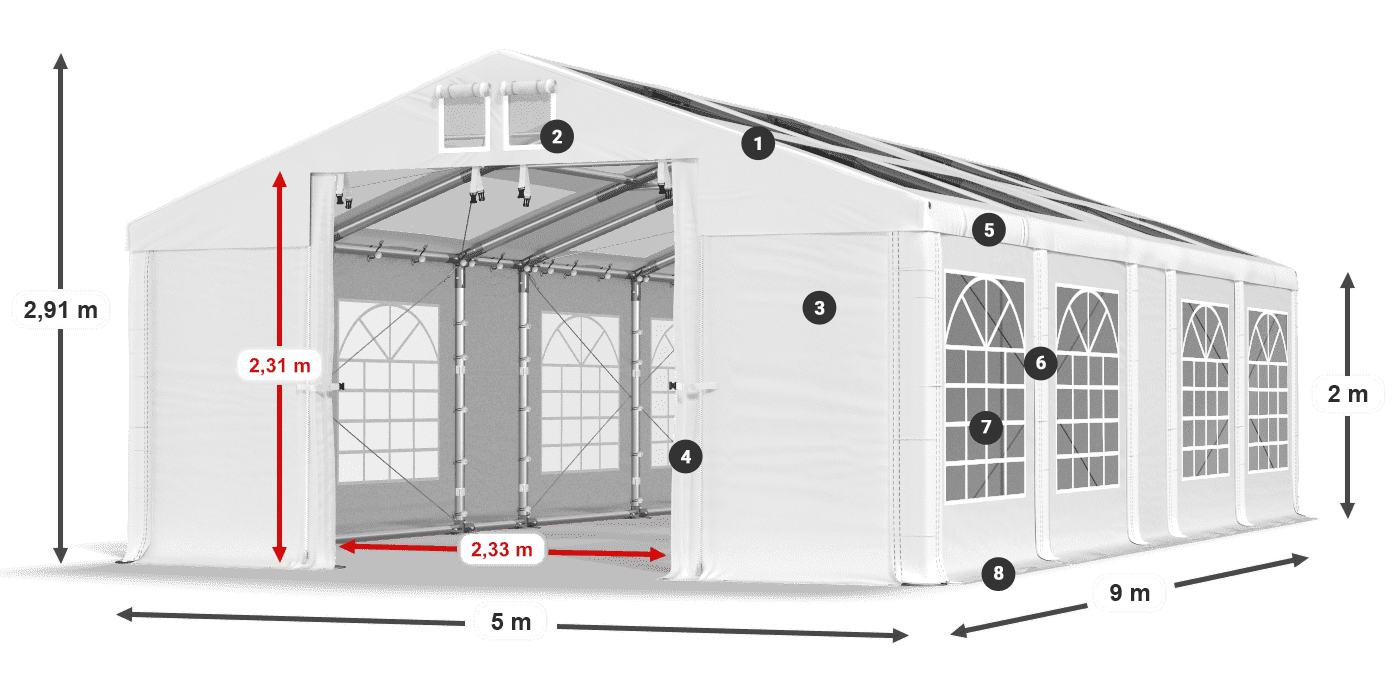 Tető: MS T 580 PVC Falak: FR 620 PVC 2 m jelmagyarázat
