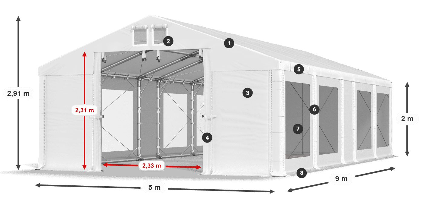 Tető: MS 580 PVC Falak: MS 580 PVC 2 m jelmagyarázat