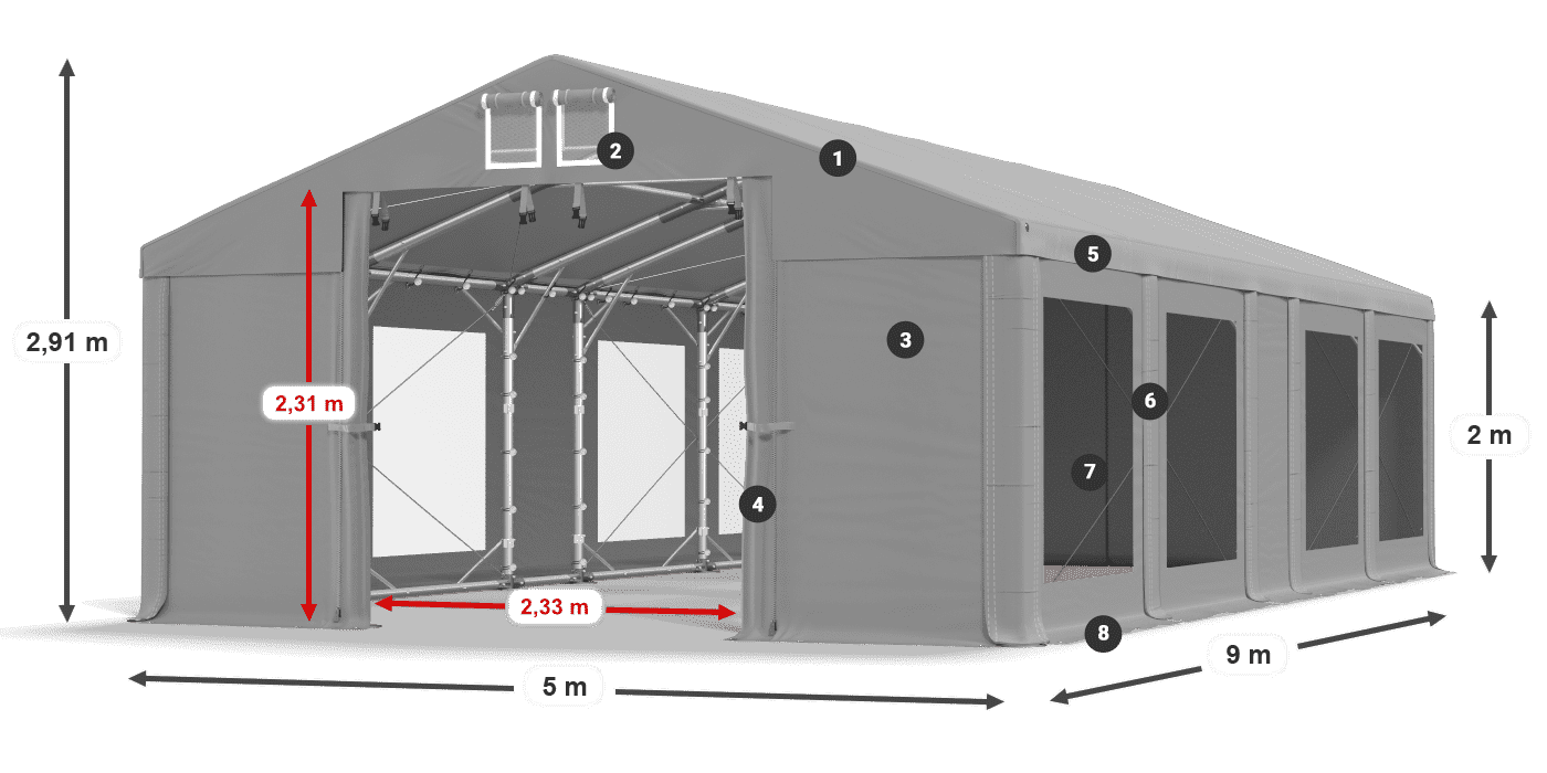 Tető: MS 580 PVC Falak: MS 580 PVC 2 m jelmagyarázat