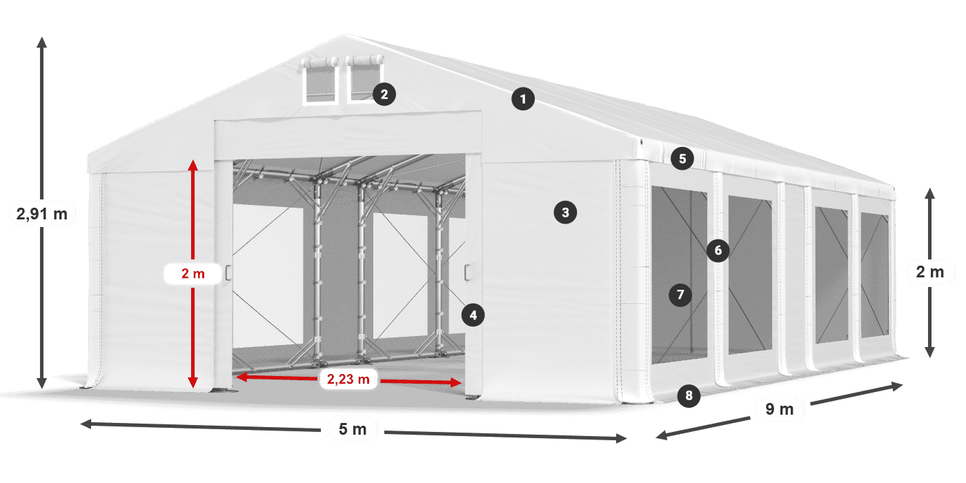 Tető: MS 580 PVC Falak: MS 580 PVC 2 m jelmagyarázat