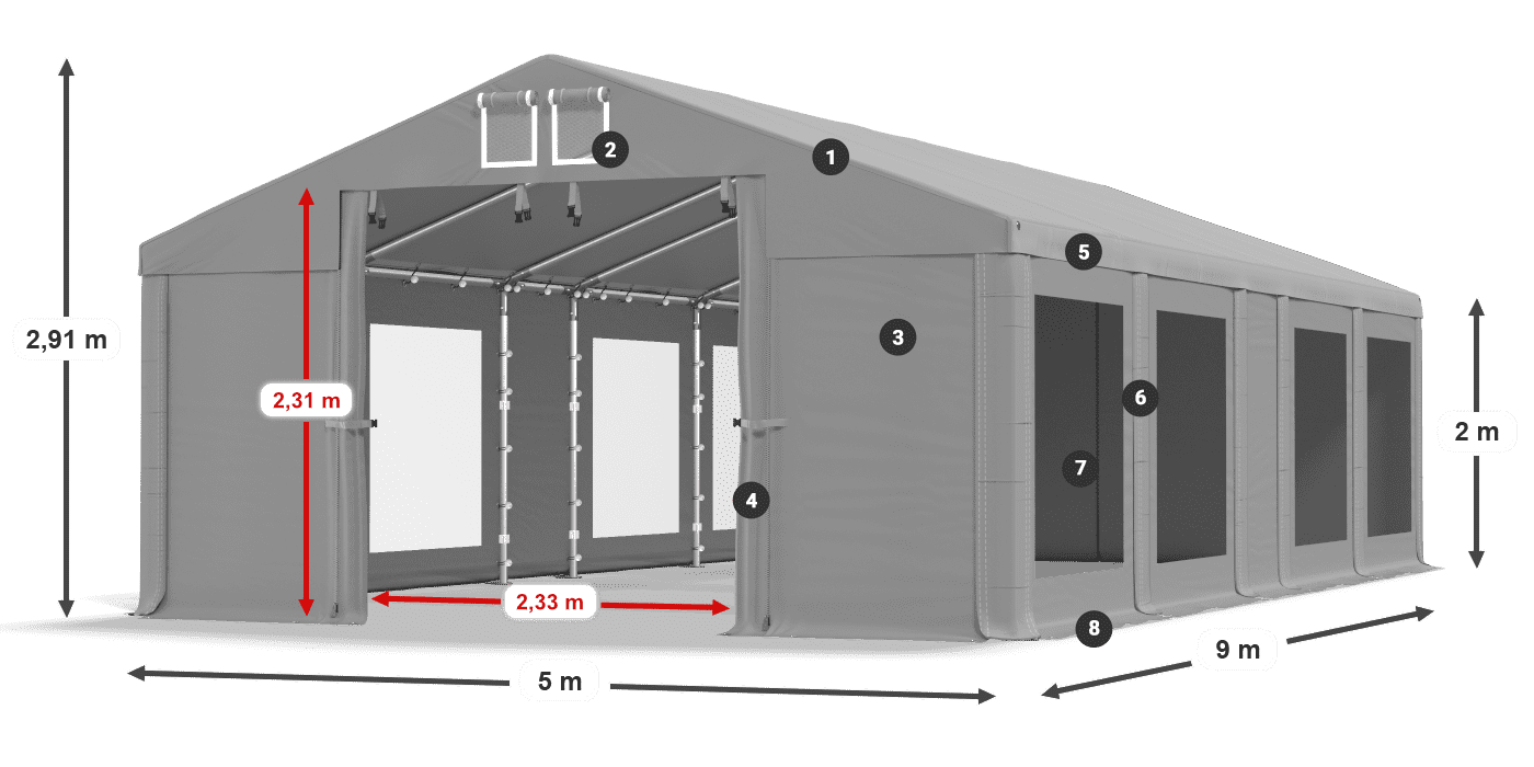 Tető: MS 580 PVC Falak: MS 580 PVC 2 m jelmagyarázat