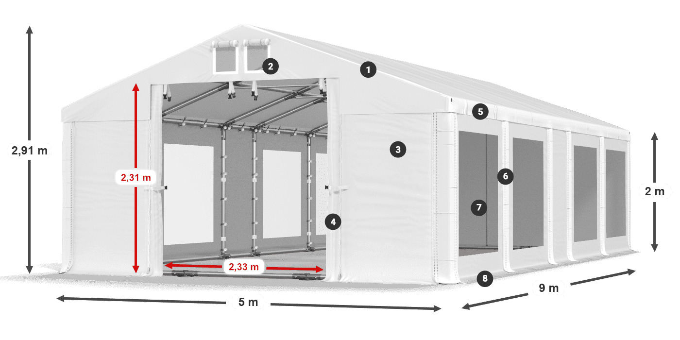 Tető: MS 580 PVC Falak: MS 580 PVC 2 m jelmagyarázat