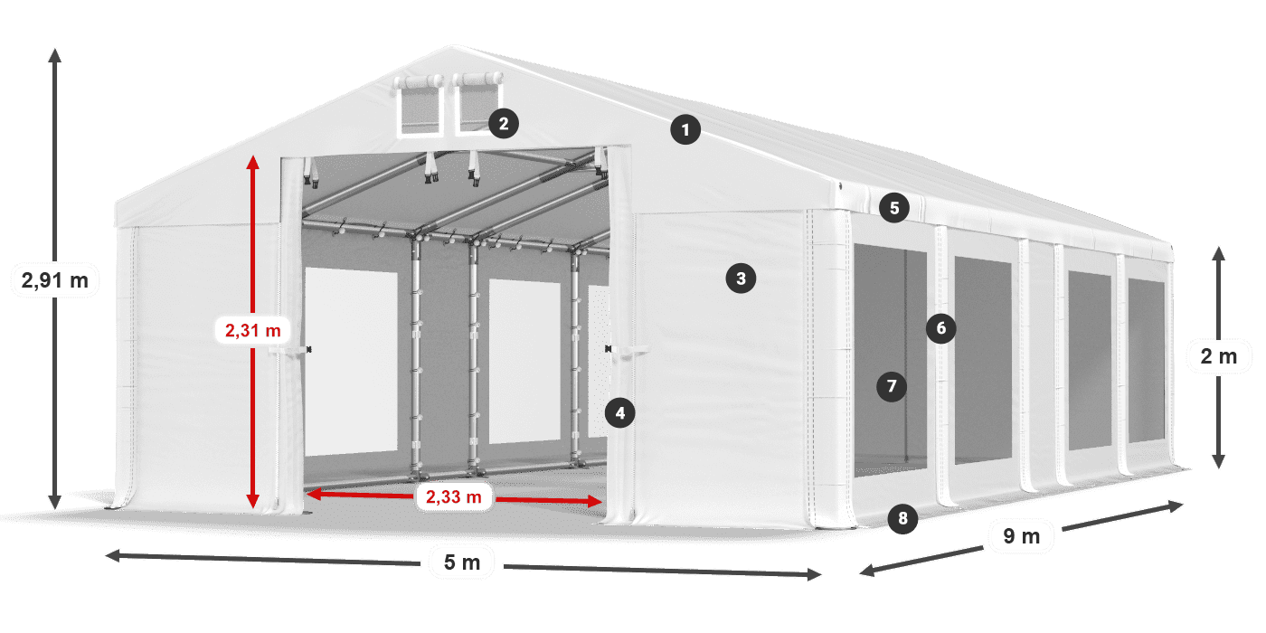 Tető: MS 580 PVC Falak: MS 580 PVC 2 m jelmagyarázat
