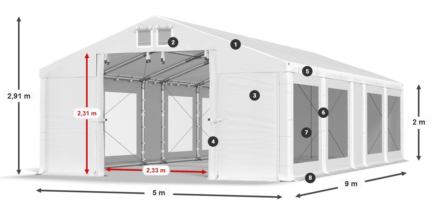 Tető: MS 580 PVC Falak: MS 580 PVC 2 m jelmagyarázat