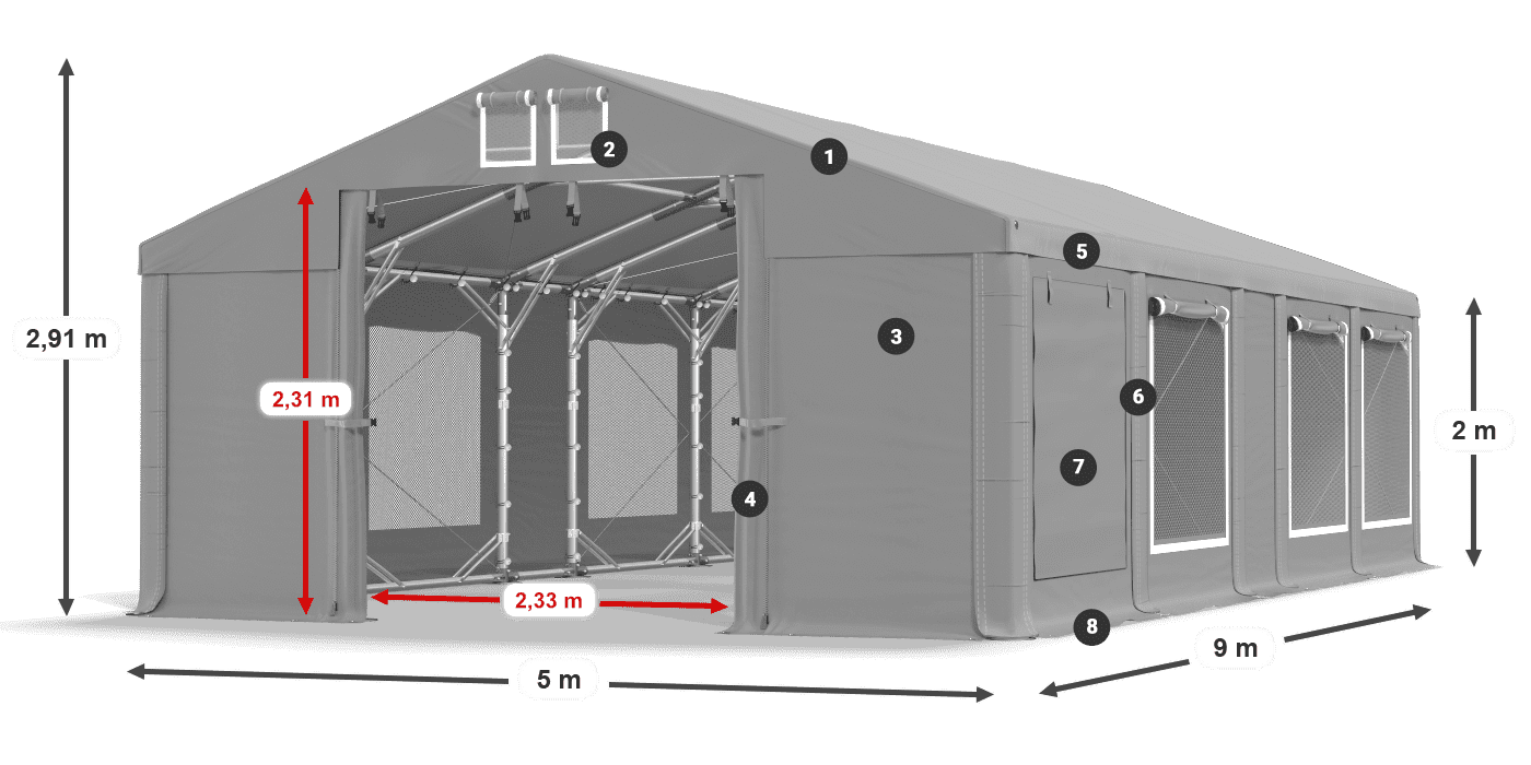 Tető: MS 580 PVC Falak: SD M 500 PVC 2 m jelmagyarázat