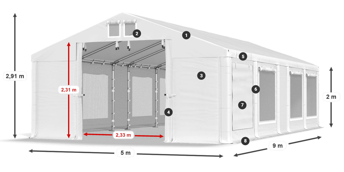 Tető: MS 580 PVC Falak: SD M 500 PVC 2 m jelmagyarázat