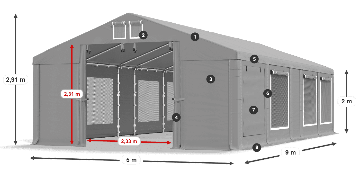 Tető: MS 580 PVC Falak: SD M 500 PVC 2 m jelmagyarázat