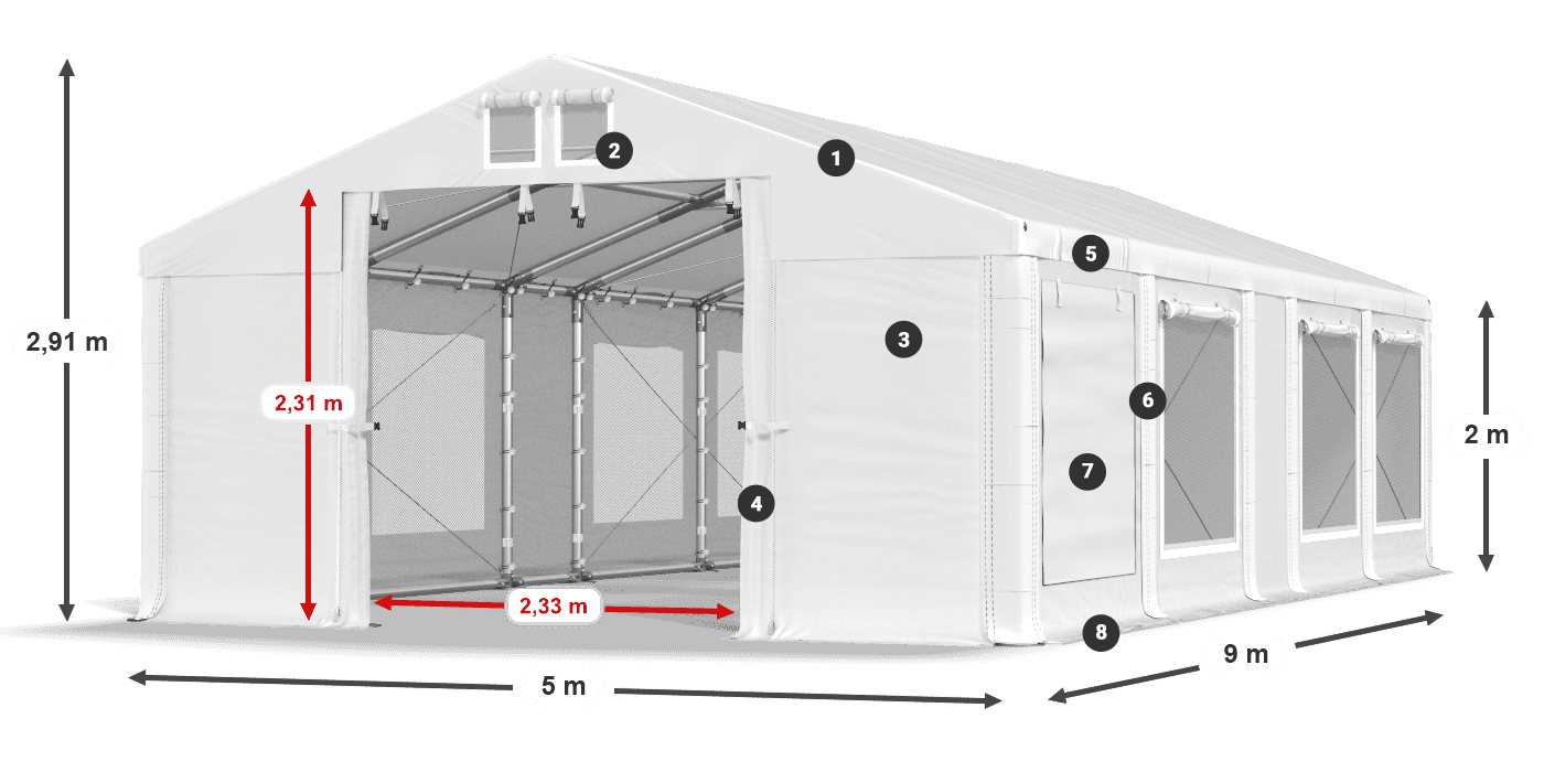 Tető: MS 580 PVC Falak: SD M 500 PVC 2 m jelmagyarázat