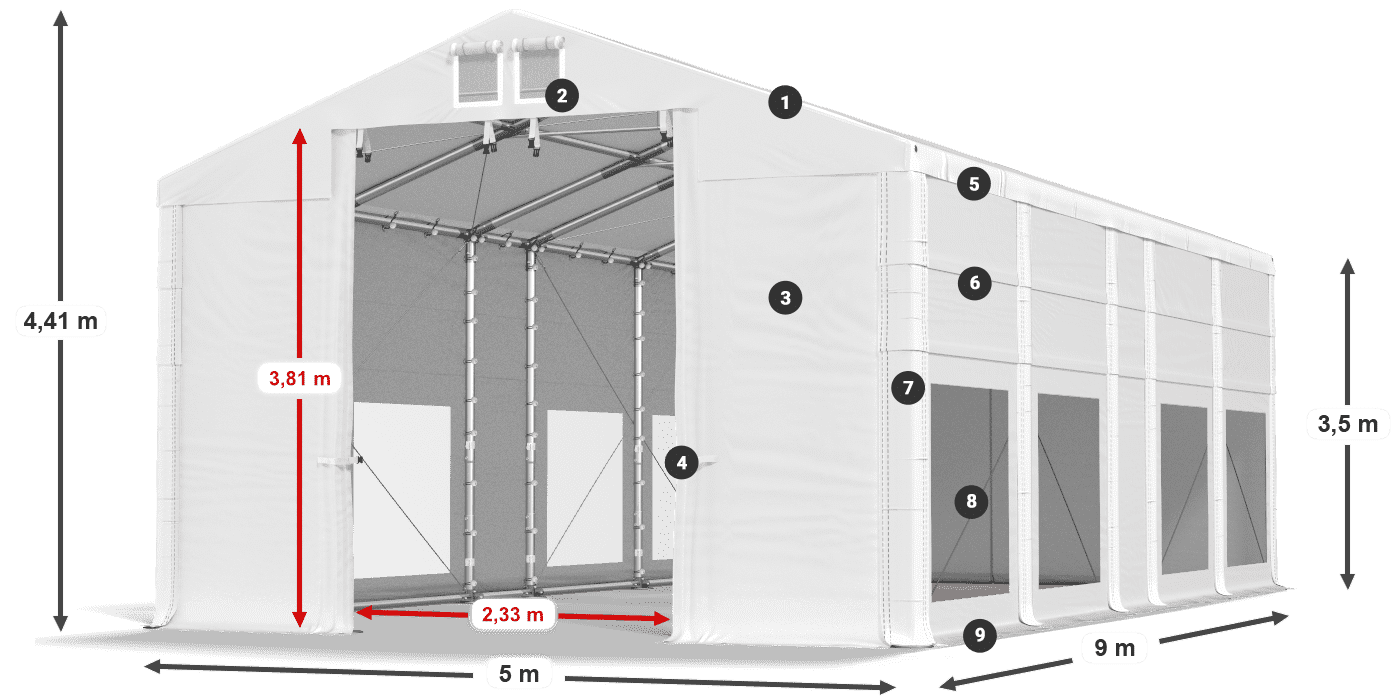 Tető: MS 580 PVC Falak: MS 580 PVC 3,5 m jelmagyarázat