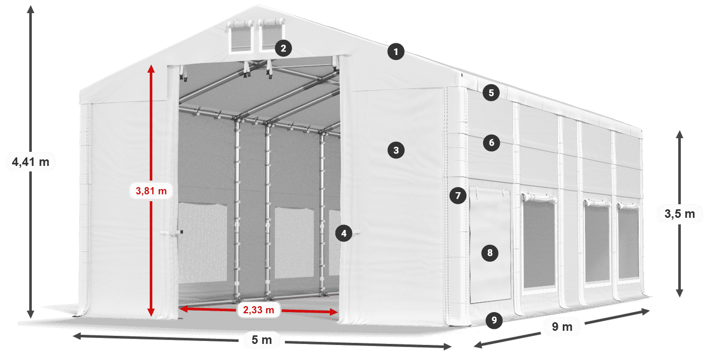 Tető: MS 580 PVC Falak: SD M 500 PVC 3,5 m jelmagyarázat