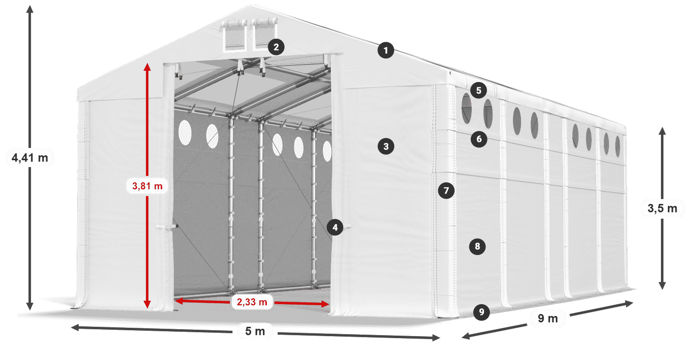 Tető: MS T 580 PVC Falak: SD O 500 PVC 3,5 m jelmagyarázat