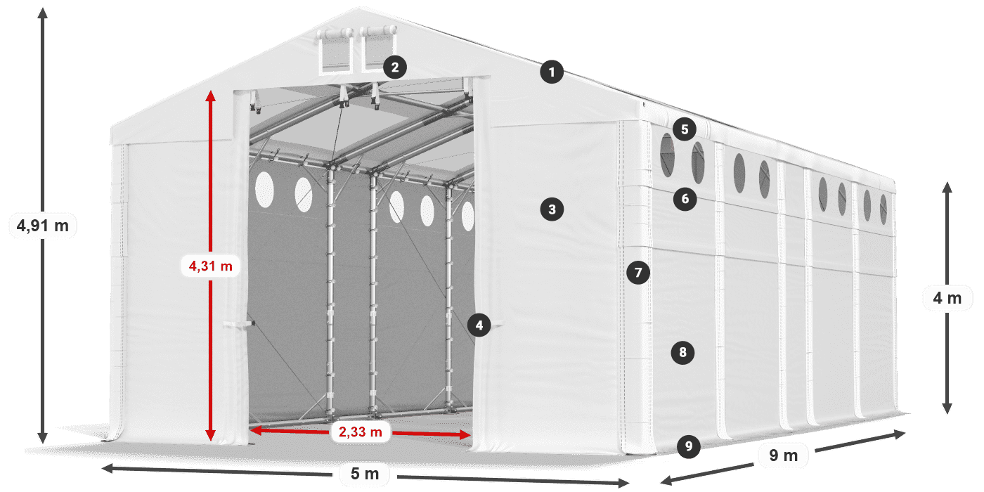 Tető: MS T 580 PVC Falak: MS O 580 PVC 4 m jelmagyarázat