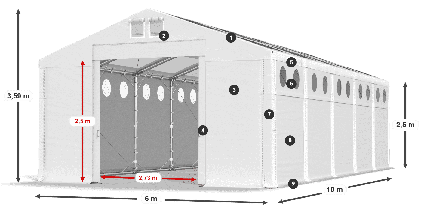 Tető: MS T 580 PVC Falak: FR O 620 PVC 2,5 m jelmagyarázat
