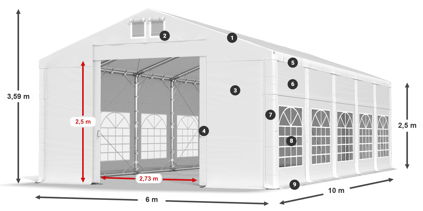 Tető: MS 580 PVC Falak: FR 620 PVC 2,5 m jelmagyarázat