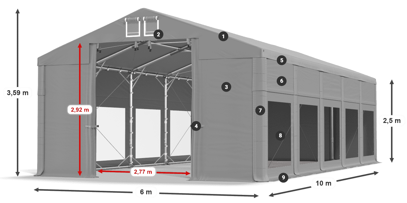 Tető: MS 580 PVC Falak: MS 580 PVC 2,5 m jelmagyarázat
