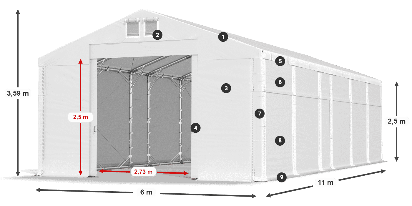Tető: FR 620 PVC Falak: MS 580 PVC 2,5 m jelmagyarázat