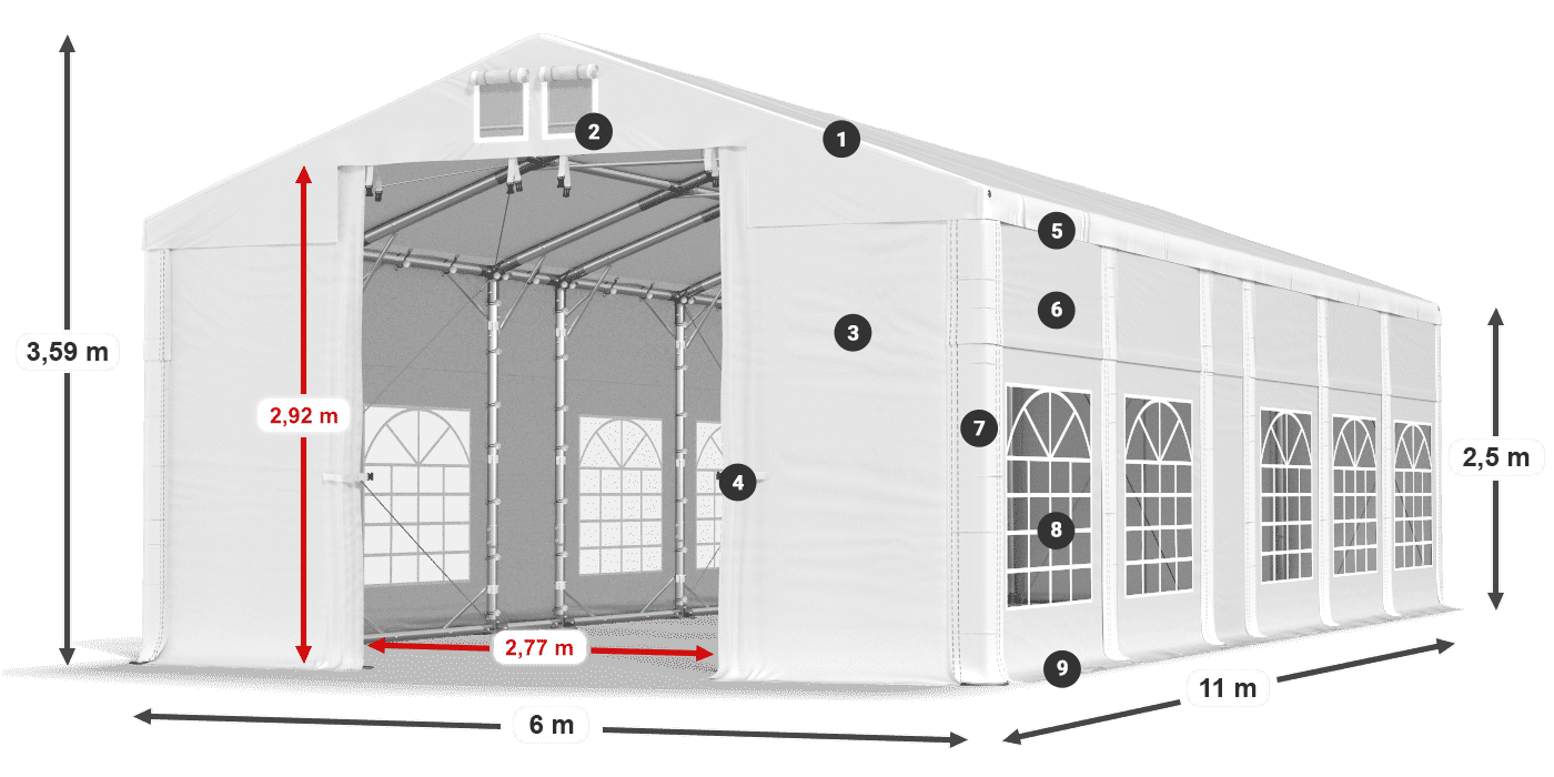 Tető: MS 580 PVC Falak: FR 620 PVC 2,5 m jelmagyarázat