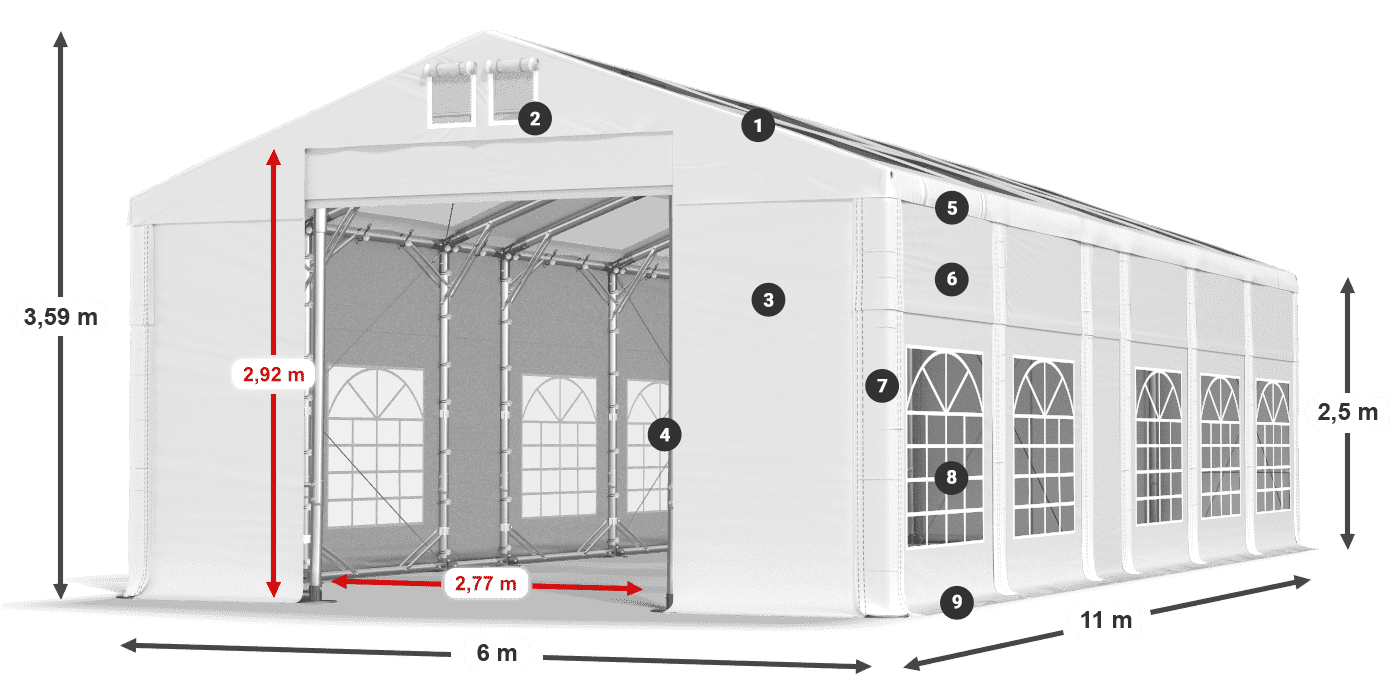 Tető: MS T 580 PVC Falak: FR 620 PVC 2,5 m jelmagyarázat