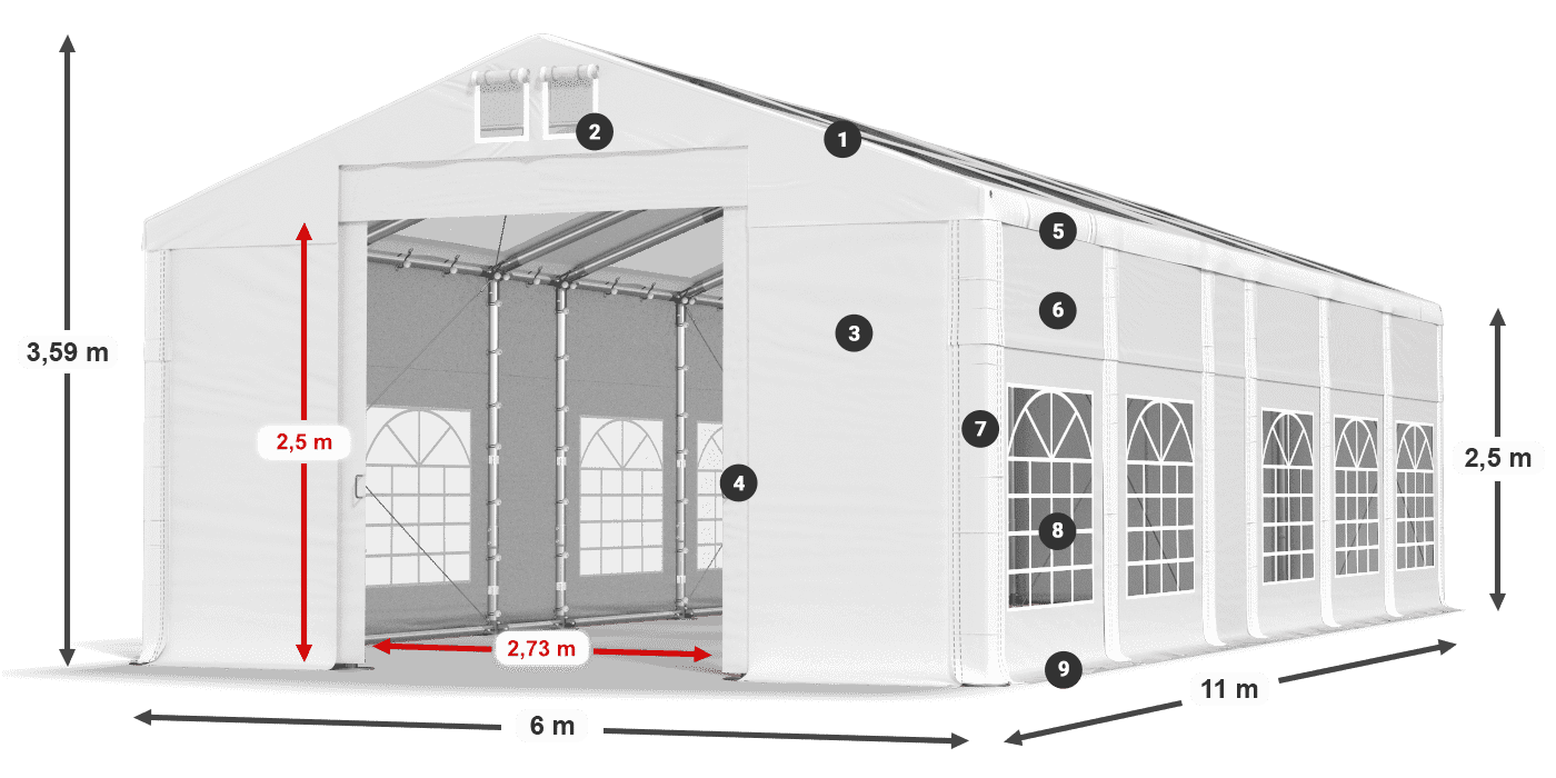 Tető: MS T 580 PVC Falak: FR 620 PVC 2,5 m jelmagyarázat
