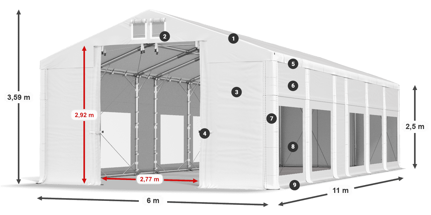 Tető: MS 580 PVC Falak: MS 580 PVC 2,5 m jelmagyarázat