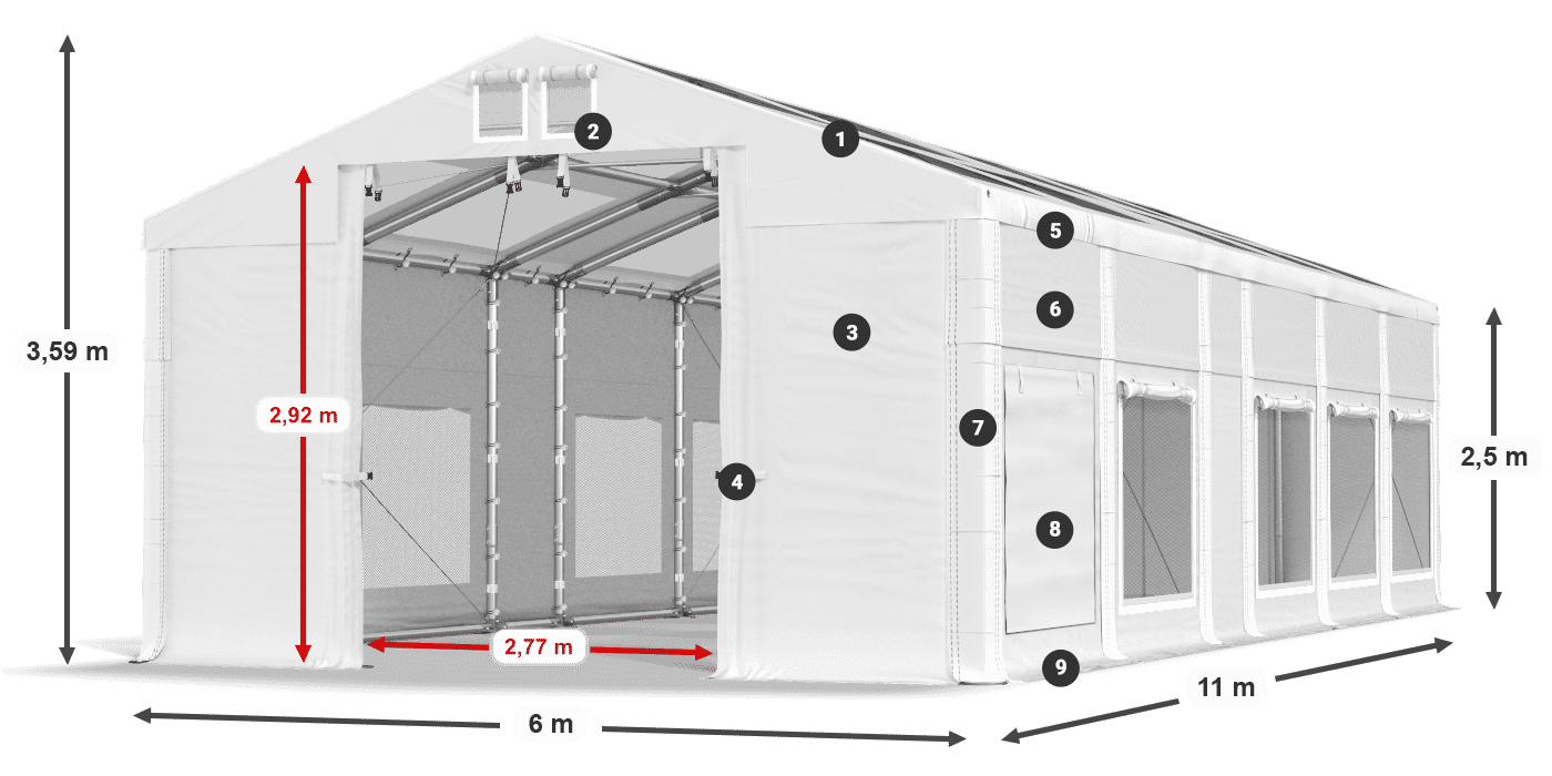 Tető: MS T 580 PVC Falak: SD M 500 PVC 2,5 m jelmagyarázat