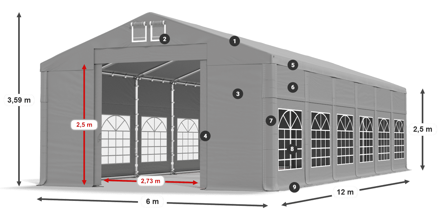 Tető: FR 620 PVC Falak: SD 500 PVC 2,5 m jelmagyarázat