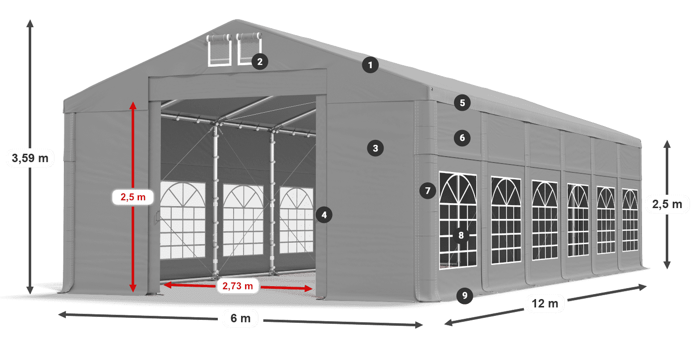 Tető: FR 620 PVC Falak: SD 500 PVC 2,5 m jelmagyarázat